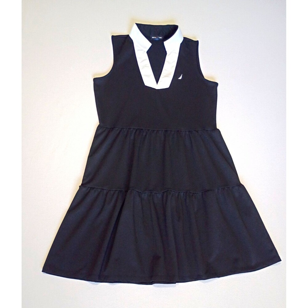 Nautica Black Tiered Tennis Golf  Dress Sleeveless White Collar V-Neck size M
